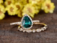 1 Carat Teardrop Emerald Engagement Ring Set Diamond Wedding Band 14k Yellow Gold Art...