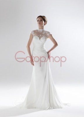 Gorgeous Sheath High-Neck Short-Sleeve Floor-Length Chapel Appliques Wedding Dresses