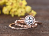 1.2 Carat Round Aquamarine Wedding Set Diamond Bridal Ring 14k Rose Gold Art Deco Full...