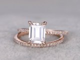 2 Moissanite Bridal Set,6x8mm Emerald Cut Moissanite Engagement ring rose gold,Diamond...