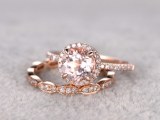 2 Morganite Bridal Set,Engagement ring Rose gold,Diamond wedding band,Art Deco,14k,7mm...