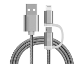 Reekin Chargeur 2 en 1 (USB Micro & Lightning) - 1,0 Mètre (Argenté-Nylon)