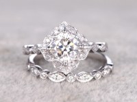 2pc 6mm Cushion brilliant Moissanite Engagement ring set,14k White gold,Diamond wedding...