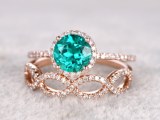 2pcs 7mm Green lab-created Emerald Engagement ring Rose gold,Diamond wedding band,14k...