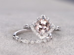 2pcs 8mm Morganite Bridal Ring Set,Art Deco Engagement ring White gold,Diamond wedding...