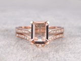 2pcs Bridal Ring Set,Solitaire Morganite Engagement ring Rose gold,Curve Diamond weddin...