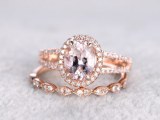 2pcs Bridal set,7x9mm Morganite Engagement ring rose gold,Diamond wedding band,14k,Oval...
