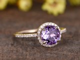 Amethyst Engagement Ring Diamond 14k Rose Gold Round Purple February Birthstone Promise...