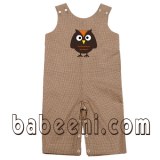 Brown gingham with Owl applique baby long-all