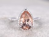 BIG 8x12mm Morganite Engagement ring White gold,Diamond wedding band,14k,Pear Shaped Cu...