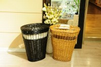 Large round wicker laundry storage basket with lid