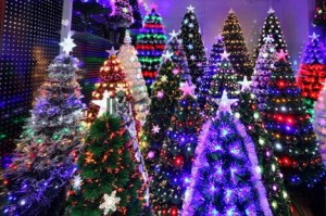 Arbol de Navidad, con luces y estrelles, muchos tamanos y estilos