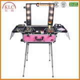 Metal Telecope handle LED light case makeup box/case makeup case with 4 wheels