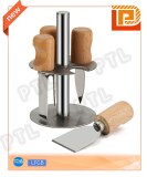 Wood-handled cheese set with stainless steel hanging stand