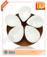 Food holder with 5-piece oval ceramic bowls plus bamboo stand