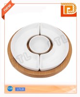 Circular ceramic food holder with wooden stand